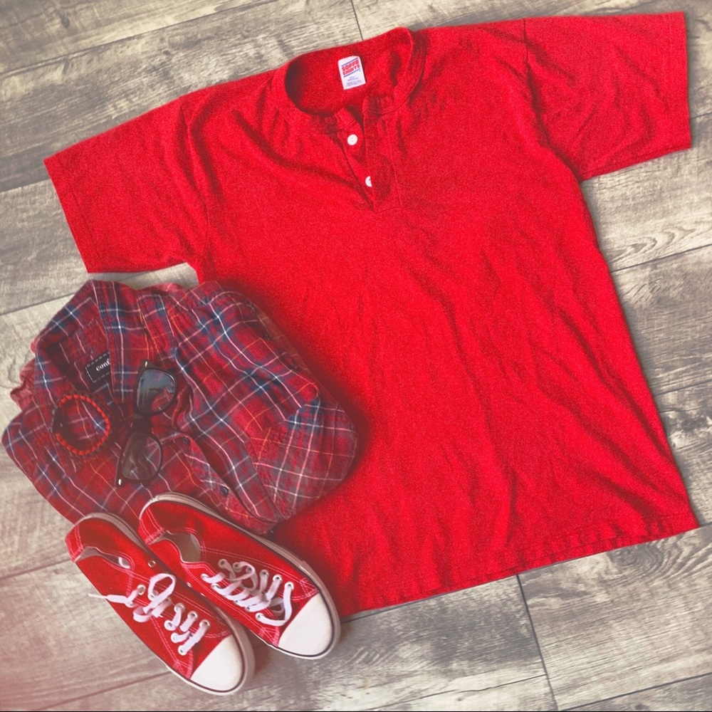 Vintage single stitch red plain henley shirt